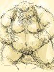  2013 barazoku black_and_white boar bulge clothed clothing duo humanoid kemono kneeling kotobuki male male/male mammal monochrome muscular obese overalls overweight partially_clothed porcine simple_background sketch supine sweat white_background 