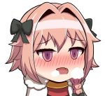  astolfo_(fate) black_bow blush bow braid breath cape chibi chinese dyxm empty_eyes fang fate_(series) fur-trimmed_cape fur_trim hair_bow hair_intakes long_hair male_focus no_nose open_mouth otoko_no_ko pink_eyes pink_hair single_braid solo white_background 