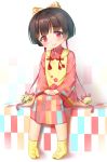  bell black_hair blush bow commentary_request eyebrows_visible_through_hair flower_knot hachinatsu hair_bow hair_ribbon hands_on_lap highres japanese_clothes jingle_bell long_sleeves looking_at_viewer no_shoes okuzashiki_channel okuzashiki_sachi red_eyes red_ribbon ribbon short_hair sitting smile solo tabi tassel virtual_youtuber wide_sleeves yellow_bow yellow_legwear 
