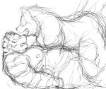  2013 barazoku black_and_white blush canine duo feline kemono kneeling kotobuki licking_nose male male/male mammal monochrome muscular obese overweight simple_background sketch supine tiger tongue tongue_out white_background wolf 