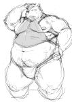  2013 apron barazoku bear black_and_white blush clothed clothing cold_sweat fundoshi hand_on_head hand_on_hip japanese_clothing kemono kneeling kotobuki male mammal monochrome muscular obese overweight partially_clothed simple_background sketch solo underwear undressing white_background 