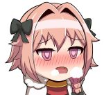  astolfo_(fate) black_bow blush bow braid breath cape chibi chinese dyxm fang fate_(series) fur-trimmed_cape fur_trim hair_bow hair_intakes heart heart-shaped_pupils long_hair male_focus no_nose open_mouth otoko_no_ko pink_eyes pink_hair single_braid solo symbol-shaped_pupils white_background 
