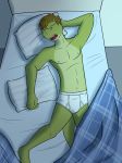  alligator anthro barefoot bed bedroom briefs brown_hair bulge clothed clothing crocodilian eyes_closed fuze hair inside male navel nipples open_mouth pillow reptile scalie sleeping solo teeth tighty_whities topless underwear white_underwear 