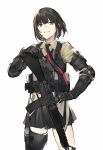  alternate_costume alternate_hair_length alternate_hairstyle armor assault_rifle beige_shirt black_hair black_legwear black_neckwear blonde_hair brown_eyes bulletproof_vest collared_shirt cowboy_shot duoyuanjun elbow_pads eyebrows_visible_through_hair girls_frontline gloves glowing gun highres holster load_bearing_vest m16a1 m16a1_(girls_frontline) multicolored_hair necktie parted_lips pleated_skirt rifle shirt short_hair single_thighhigh skirt smile solo tactical_clothes thigh_strap thighhighs thighs two-tone_hair uniform weapon white_background 