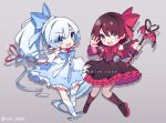 blue_eyes commentary corset crescent_rose detached_sleeves english frilled_skirt frilled_sleeves frills hair_ribbon magical_girl maguro_(guromaguro) multiple_girls myrtenaster pantyhose red_hair ribbon ruby_rose rwby scar scar_across_eye silver_eyes skirt wand weiss_schnee white_hair 