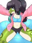 amphibian andrea_(crabdesass) breasts clothing exercise_ball female frog green_eyes hair hair_ornament hoodie long_hair looking_at_viewer multicolored_hair napdust shorts simple_background two_tone_hair white_background 