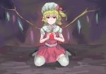  1girl black_footwear blonde_hair bow commentary_request dress flandre_scarlet full_body hair_bow hat highres looking_at_viewer mob_cap pointy_ears red_bow red_dress red_eyes short_sleeves shrimp_cc sitting solo thighhighs touhou wariza white_legwear yellow_neckwear 