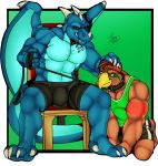  2015 anthro anthro_on_anthro avian beak big_muscles bird bulge claws clothed clothing collar dragon falcon fangs grin holding_leash holding_object interspecies jerkcentral leash leash_pull male male/male muscular muscular_male signature smile topless 