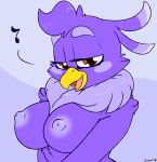  2018 anthro areola avian beak big_breasts bird breasts bust_portrait digital_media_(artwork) feathers female half-closed_eyes hi_res looking_at_viewer melissa_morgan musical_note nipples non-mammal_breasts open_beak open_mouth portrait purple_feathers signature skoon solo super_planet_dolan yellow_beak 