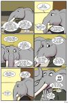  2018 anthro clothed clothing comic dialogue elephant english_text eyes_closed father laugh male mammal mature_male open_mouth parent ragdoll_(study_partners) son speech_bubble study_partners text thunderouserections trunk tusks young 