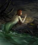  2018 5_fingers bare_back breasts brown_hair detailed_background digital_media_(artwork) female hair marine merfolk nude partially_submerged sandara solo water 