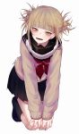  :d bangs black_legwear black_skirt blonde_hair blunt_bangs blush boku_no_hero_academia brown_eyes dated floating_hair full_body grey_sweater hands_on_own_knees kneeling leaning_forward looking_at_viewer mimelond miniskirt neckerchief open_mouth pleated_skirt red_neckwear sailor_collar school_uniform serafuku sidelocks simple_background skirt smile solo sweater tied_hair toga_himiko white_background 