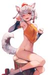  ;d animal_ears armpits ataruman bangs bare_legs bare_shoulders bottomless collarbone dudou eyebrows_visible_through_hair grey_hair hands_up hat highres inubashiri_momiji knees_together_feet_apart leaf_cutout navel one_eye_closed open_mouth orange_eyes paw_pose pom_pom_(clothes) simple_background sitting smile socks solo stomach tail tokin_hat touhou tree_stump upper_teeth vambraces white_background white_legwear wolf_ears wolf_tail 