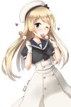  artist_name black_neckwear blonde_hair blue_sailor_collar cowboy_shot dango dated dress eating food gloves green_eyes hat highres jervis_(kantai_collection) kantai_collection long_hair looking_at_viewer minase_(takaoka_nanase) one_eye_closed open_mouth sailor_collar sailor_dress sailor_hat sanshoku_dango short_sleeves simple_background solo wagashi white_background white_dress white_gloves white_hat 