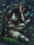  absurdres belt_boots black_hair boots breasts buckle cigarette commentary covered_nipples guweiz hairband hand_on_own_cheek highres holding katana leaf long_hair looking_at_viewer medium_breasts navel original parted_lips sitting solo sword watch weapon wristwatch 