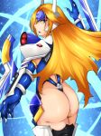  1girl arc_system_works arm_blade armor ass blazblue blonde_hair blue_eyes byakkun_(byakkun8181) forehead_protector from_behind gloves long_hair looking_at_viewer looking_back mecha_musume mu-12 open_mouth shiny shiny_clothes shiny_hair shiny_skin solo thighhighs thong very_long_hair 