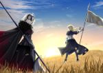  ahoge armor armored_dress banner black_cape black_dress black_legwear blonde_hair blue_ribbon blue_sky braid cape cloud day dress fate_(series) floating_hair full_body gauntlets hair_ribbon highres holding holding_weapon jeanne_d'arc_(alter)_(fate) jeanne_d'arc_(fate) jeanne_d'arc_(fate)_(all) lens_flare long_hair looking_at_viewer looking_back mebi_(mebieru) multiple_girls outdoors ponytail ribbon silver_hair single_braid sky standing weapon yellow_eyes 