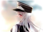  bangs black_hat blush breasts closed_mouth eyebrows_visible_through_hair from_behind girls_frontline hair_between_eyes hat highres iron_cross kar98k_(girls_frontline) light_particles long_hair looking_at_viewer looking_back peaked_cap profile red_eyes shirt solo very_long_hair vest white_hair yorktown_cv-5 