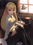  :t bad_id bad_pixiv_id bangs black_footwear black_legwear black_skirt blonde_hair blush book_stack boots breasts closed_mouth commission crossed_legs day desk desk_lamp dress_shirt eyebrows_visible_through_hair highres indoors lamp lee_seok_ho long_hair looking_at_viewer medium_breasts nose_blush on_desk original paper picture_frame pleated_skirt pout red_eyes shirt sidelocks sitting skirt solo sunlight thighhighs trash_can very_long_hair white_shirt window 