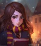  1girl artist_name blush book brown_eyes brown_hair christmas gryffindor harry_potter hermione_granger holding holding_book looking_at_viewer medium_hair necktie outdoors parted_lips scarf smile snowflakes snowing solo stellarism striped striped_neckwear striped_scarf 