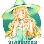  absurdres bare_shoulders blonde_hair blush breasts cleavage closed_eyes closed_mouth coffee collarbone cup eyebrows_visible_through_hair facing_viewer green_hat green_ribbon hat hat_ribbon highres holding holding_cup large_breasts long_hair ribbon smile solo sorceress starbucks teacup tei_(52137) test_tube wizard_hat 