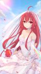  alternate_costume bare_shoulders blue_sky bouquet breasts bridal_veil bride choker cleavage collarbone commentary_request date_a_live day dress elbow_gloves floral_print flower gloves hair_between_eyes highres itsuka_kotori jewelry long_hair looking_at_viewer mo_(pixiv9929995) outdoors petals red_eyes red_hair ring sky small_breasts smile solo strapless strapless_dress thighhighs veil very_long_hair wedding_dress white_dress white_gloves white_legwear 