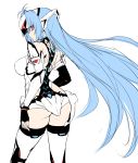  absurdres ass blue_hair breasts closed_mouth commentary_request contrapposto elbow_gloves fingerless_gloves floating_hair gloves harukon_(halcon) headgear highres kos-mos kos-mos_ver._4 large_breasts legs_apart long_hair looking_at_viewer looking_back red_eyes robot_ears sketch solo standing thighhighs very_long_hair white_legwear xenosaga 