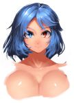  absurdres anchors bangs blue_eyes blue_hair blue_pupils blush breasts bright_pupils closed_mouth collarbone commentary_request eyebrows heterochromia highres large_breasts looking_at_viewer no_lineart red_eyes red_pupils shiny shiny_skin short_hair simple_background smile solo tatara_kogasa touhou upper_body white_background 