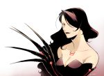  bare_shoulders black_dress black_gloves black_hair black_lips breast_tattoo breasts claws dress elbow_gloves fullmetal_alchemist gloves hair_over_one_eye long_hair looking_away lust masakazu ouroboros red_eyes simple_background sleeveless sleeveless_dress smile solo tattoo upper_body white_background 