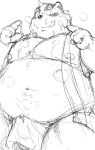  2015 barazoku bear black_and_white blush clothed clothing cum cum_on_chest cum_on_face cum_on_hand cum_through_clothing fundoshi japanese_clothing kemono kotobuki low-angle_view male mammal monochrome muscular obese open_shirt overweight precum simple_background sketch solo standing steam tongue tongue_out underwear white_background 