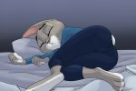  2018 akiric anthro barefoot bed butt clothed clothing disney duo eyes_closed female judy_hopps lagomorph lying mammal on_side pillow rabbit sleeping solo zootopia 