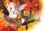  aqua_eyes autumn blonde_hair forest headband leaves long_hair original paper ribbons salt_(salty) skirt thighhighs tree wings 