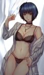  ass_visible_through_thighs black_bra black_panties bra breasts brown_eyes choker collar commentary jewelry labcoat lingerie looking_at_viewer nail_polish navel necklace off_shoulder panties parted_lips persona persona_5 red_nails short_hair solo stomach studded_collar takemi_tae thigh_gap toned underwear yaoto 