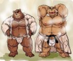  2015 barazoku bear blush bulge clothed clothing duo facing_viewer front_view fundoshi grizzly_bear japanese_clothing karategi kemono kotobuki male mammal muscular obese open_shirt overweight partially_clothed standing steam tears underwear 