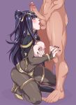  1girl black_hair blush breast_grab breasts breasts_outside fire_emblem grabbing highres large_breasts licking neverreturnalive nipples no_bra penis purple_background purple_eyes saliva simple_background testicle_licking tharja uncensored 