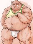  2015 barazoku bear belly_grope blush bulge clothing facing_viewer front_view fundoshi grizzly_bear japanese_clothing kemono kotobuki male mammal muscular obese overweight portrait shirt simple_background solo sweat tank_top three-quarter_portrait tongue tongue_out underwear undressing white_background 
