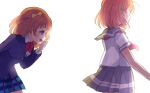  :d ahoge bangs beniko08 blazer blue_eyes bow bowtie commentary from_behind grey_skirt hair_bow hair_ornament hairclip hand_to_own_mouth highres jacket kousaka_honoka leaning_forward long_sleeves love_live! love_live!_school_idol_project love_live!_sunshine!! multiple_girls neckerchief one_side_up open_mouth orange_hair otonokizaka_school_uniform plaid plaid_skirt pleated_skirt red_neckwear school_uniform serafuku short_hair short_sleeves simple_background skirt smile striped striped_neckwear takami_chika uranohoshi_school_uniform white_background yellow_bow 