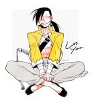  bandages black_footwear black_hair blush character_name closed_eyes crossed_legs fingernails full_body fullmetal_alchemist grey_background grey_pants grin hair_over_one_eye ling_yao long_hair long_sleeves male_focus masakazu pants ponytail simple_background sitting smile solo stomach strap sword weapon yellow_coat 