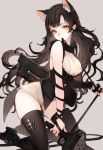  animal_ears black_hair blake_belladonna boots cat_ears chobi_(sakuyasakuhana) commentary_request gambol_shroud gun highres kneeling long_hair looking_at_viewer mouth_hold rwby simple_background solo strap thighhighs weapon yellow_eyes 