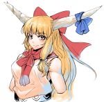  alternate_breast_size anchors bangs bare_shoulders blue_ribbon bow breasts bright_pupils closed_mouth cropped_arms cropped_torso eyebrows eyebrows_visible_through_hair hair_bow highres horn_ribbon horns ibuki_suika large_breasts long_hair older oni oni_horns orange_hair red_bow red_eyes ribbon shirt sidelocks sleeveless sleeveless_shirt smile solo touhou upper_body white_pupils white_shirt 