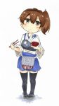  black_legwear blue_skirt blush bowl brown_eyes brown_hair chopsticks closed_mouth commentary_request flight_deck food food_on_face full_body head_tilt holding igo_miku kaga_(kantai_collection) kantai_collection long_sleeves muneate pigeon-toed rice rice_bowl rice_on_face sandals short_hair side_ponytail simple_background skirt solo standing thighhighs white_background 