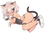  :d animal_ears ass bangs bare_shoulders black_gloves black_leotard blade_(galaxist) blush brown_eyes cat_ears cat_girl cat_tail commentary copyright_request dark_skin eyebrows_visible_through_hair fang fingerless_gloves full_body gloves hair_between_eyes hair_ornament leotard open_mouth paw_pose paw_shoes shoe_soles shoes short_hair silver_hair smile solo tail thigh_strap white_footwear 