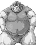  2015 akimbo barazoku bear bulge clothing feline front_view greyscale kemono kneeling kotobuki looking_at_viewer male mammal monochrome muscular obese overweight sheer_clothing simple_background solo speedo swimsuit translucent transparent_clothing white_background wrestling_mask 