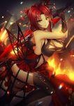  bangs bare_shoulders benghuai_xueyuan black_feathers black_legwear blood_rose blurry bokeh breasts cleavage commentary_request depth_of_field feathers fire folded_ponytail greatsword hair_ornament hat highres honkai_impact large_breasts long_hair looking_at_viewer mallizmora murata_himeko parted_bangs partial_commentary ponytail red_hair solo sword thighhighs torn_clothes v-shaped_eyebrows weapon yellow_eyes 