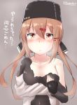  black_bow blush bow breasts brown_hair closed_mouth collarbone dagappa eyebrows_visible_through_hair grey_background hair_between_eyes hair_ornament hairclip highres kantai_collection long_hair looking_at_viewer low_twintails medium_breasts papakha red_eyes simple_background solo star tashkent_(kantai_collection) torn_clothes translation_request twintails twitter_username 