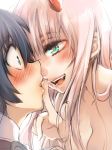  1girl black_hair blue_eyes blush commentary couple darling_in_the_franxx eyebrows_visible_through_hair face-to-face fangs finger_to_mouth green_eyes herozu_(xxhrd) hetero hiro_(darling_in_the_franxx) horns long_hair oni_horns pink_hair red_horns red_pupils zero_two_(darling_in_the_franxx) 