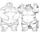  2015 barazoku black_and_white boar boxers_(clothing) bulge clothing duo facing_viewer feline front_view hand_on_stomach kemono kotobuki male mammal monochrome muscular obese overweight porcine pose simple_background sketch speedo standing swimsuit tiger underwear white_background 