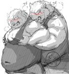  2015 barazoku blush boar clothed clothing dragon_quest drooling duo from_behind_(disambiguation) fully_clothed greyscale grope japanese_text kemono kotobuki licking male male/male mammal monochrome muscular obese overweight porcine saliva shirt simple_background steam sweat tank_top text tongue tongue_out video_games white_background 