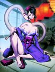  black_hair breasts clothing female footwear genzoman hair hair_decorations humanoid japanese japanese_clothing kimono lantern long_neck not_furry purple_eyes rokurokubi sandals solo tobacco_pipe yokai 