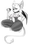  annoyed big_ears black_nose blush chaos_emerald collar crouching ear_piercing eyeshadow eymbee female greyscale half-closed_eyes hi_res holding_object long_tail looking_at_viewer makeup monochrome navel piercing pouting rouge_the_bat simple_background solo sonic_(series) spade_tail spiked_collar spikes video_games white_background 
